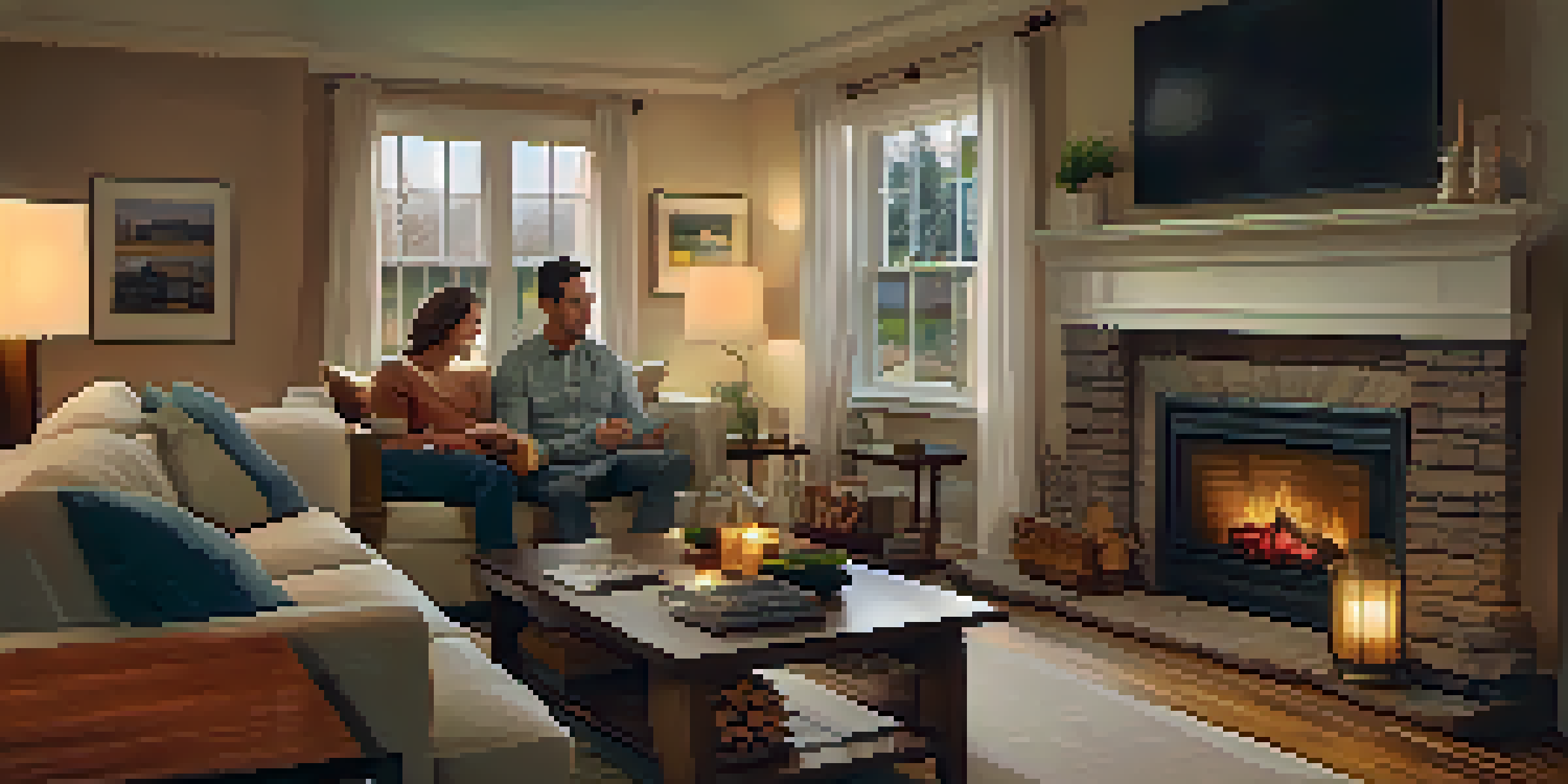 A family enjoying time together in a cozy living room with a fireplace, emphasizing warmth and safety.