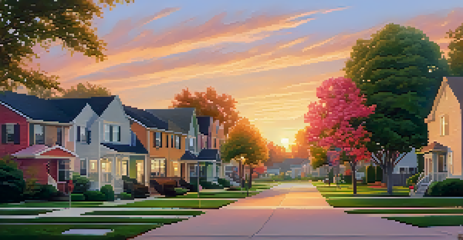 A peaceful suburban neighborhood during sunset, with spacious homes and children playing, surrounded by greenery.