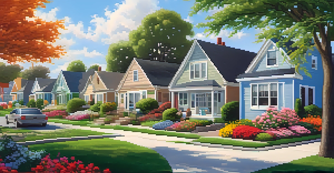 A peaceful neighborhood scene with houses, flower beds, and residents having a community meeting.
