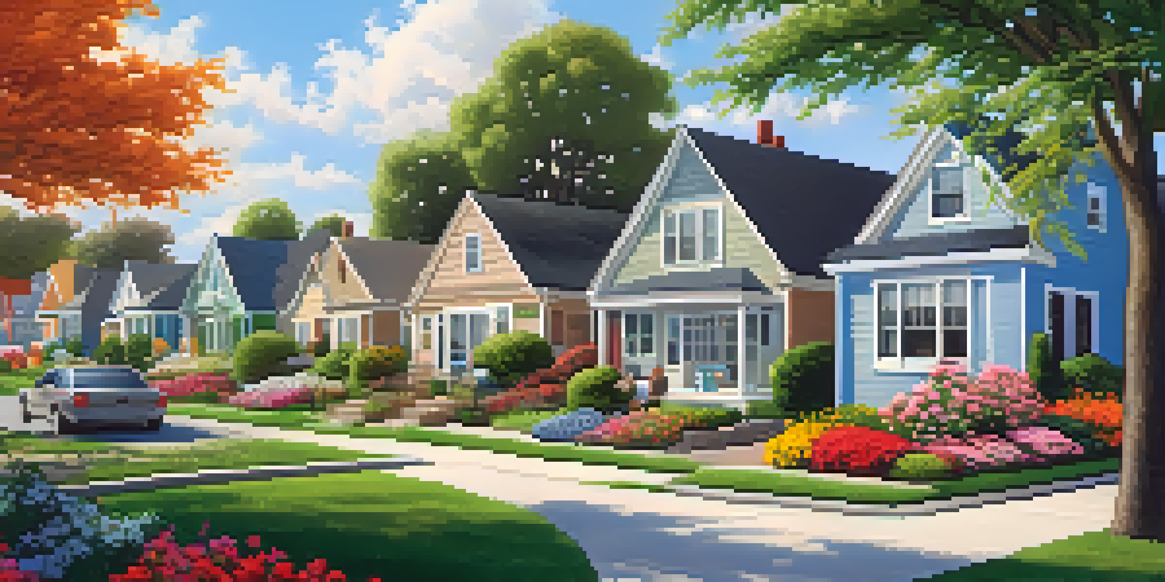 A peaceful neighborhood scene with houses, flower beds, and residents having a community meeting.