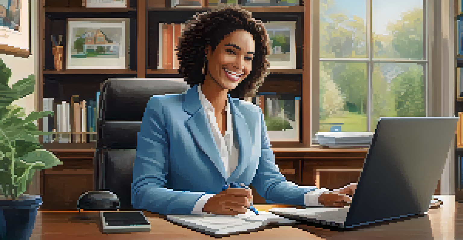 A real estate agent on a video call with a client, smiling and engaged at a desk.