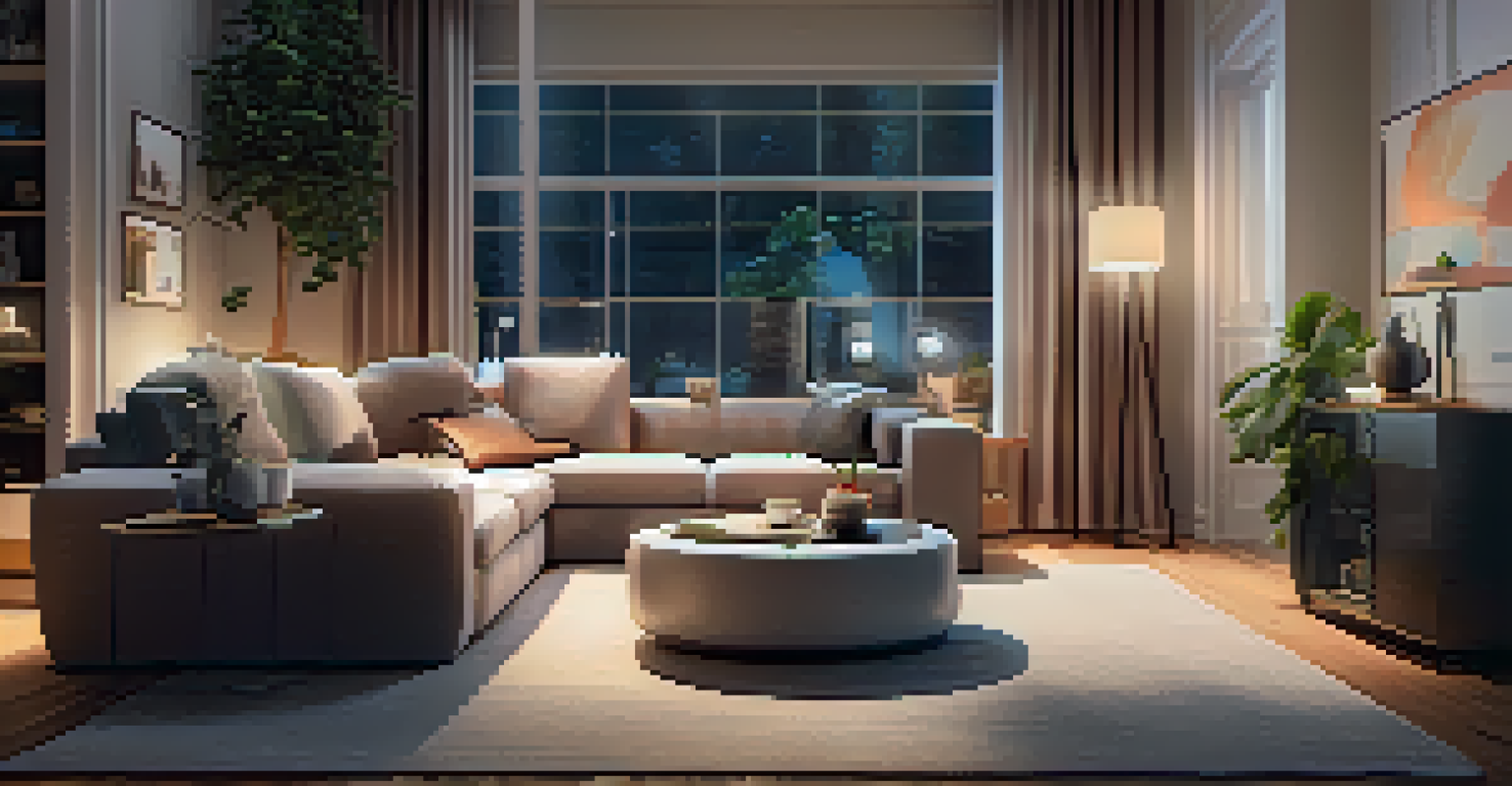 A modern living room with a smart home assistant and a parent controlling smart devices using a smartphone.