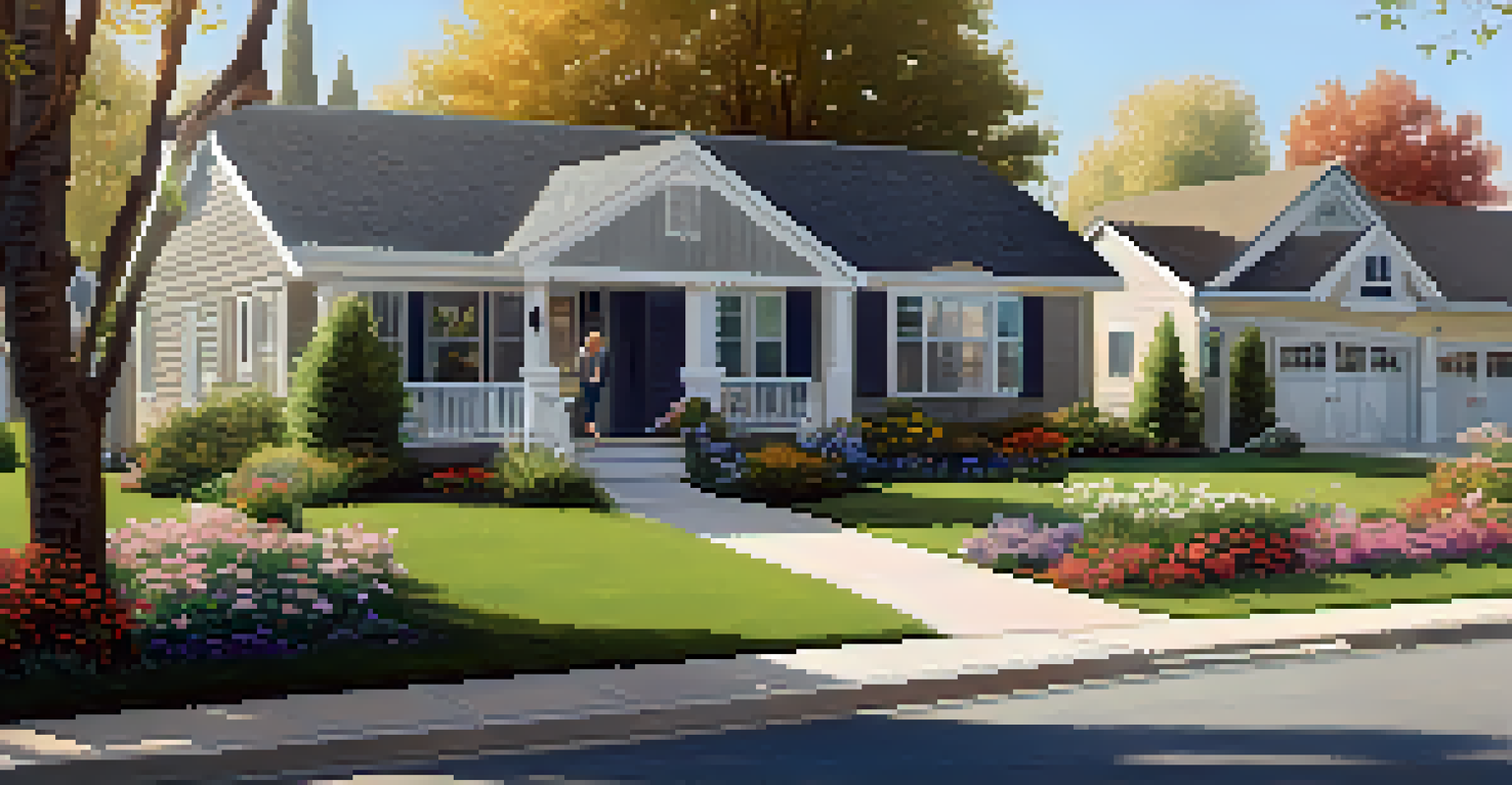 A suburban neighborhood with single-story homes and older adults enjoying their surroundings, surrounded by blooming flowers and trees.