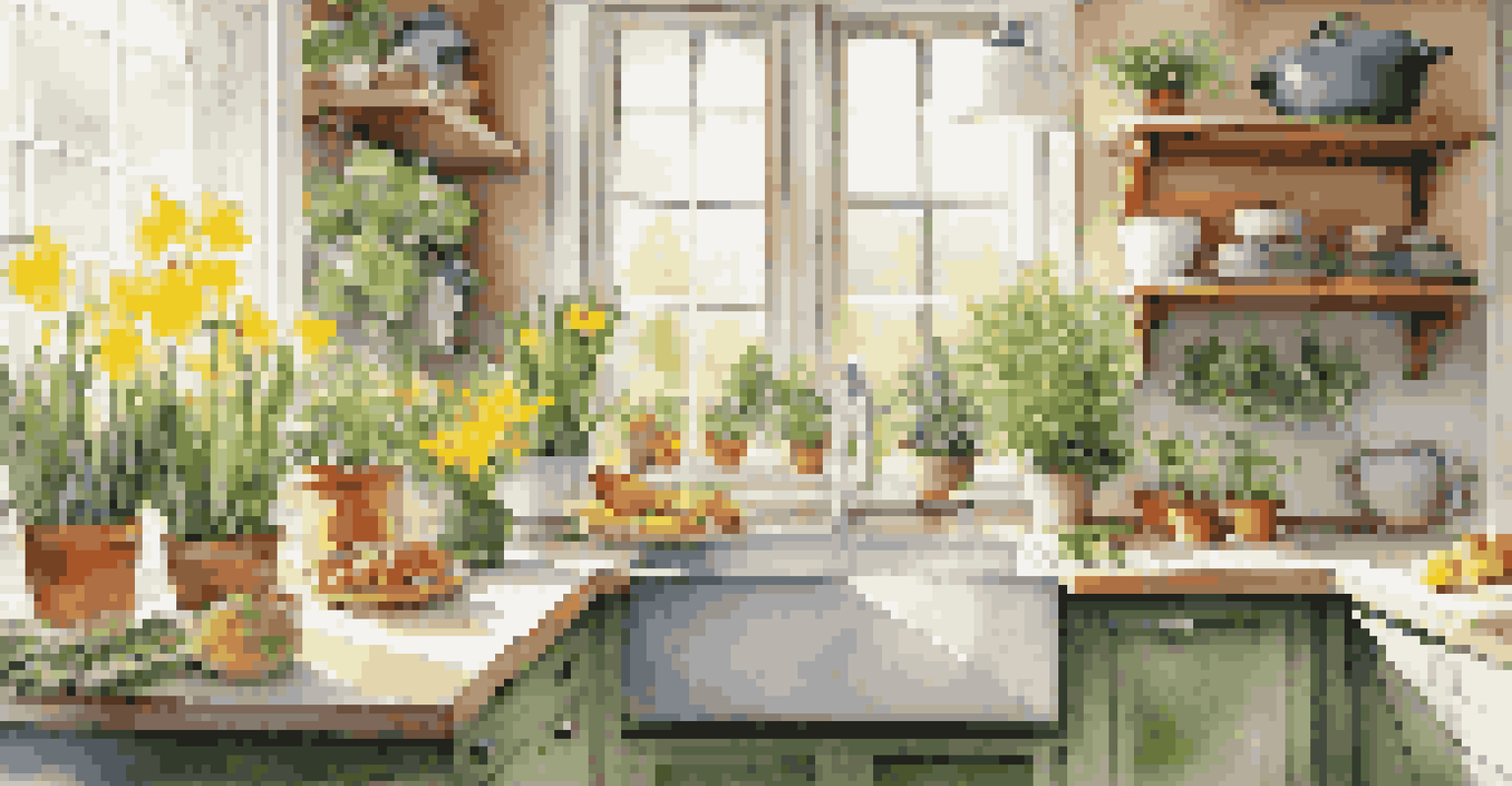A bright spring kitchen decorated with potted herbs and seasonal flowers, illuminated by sunlight, creating a refreshing and vibrant atmosphere.