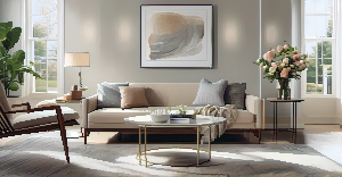 A modern living room with neutral decor, a cozy sofa, a coffee table, and fresh flowers, illuminated by soft natural light from large windows.