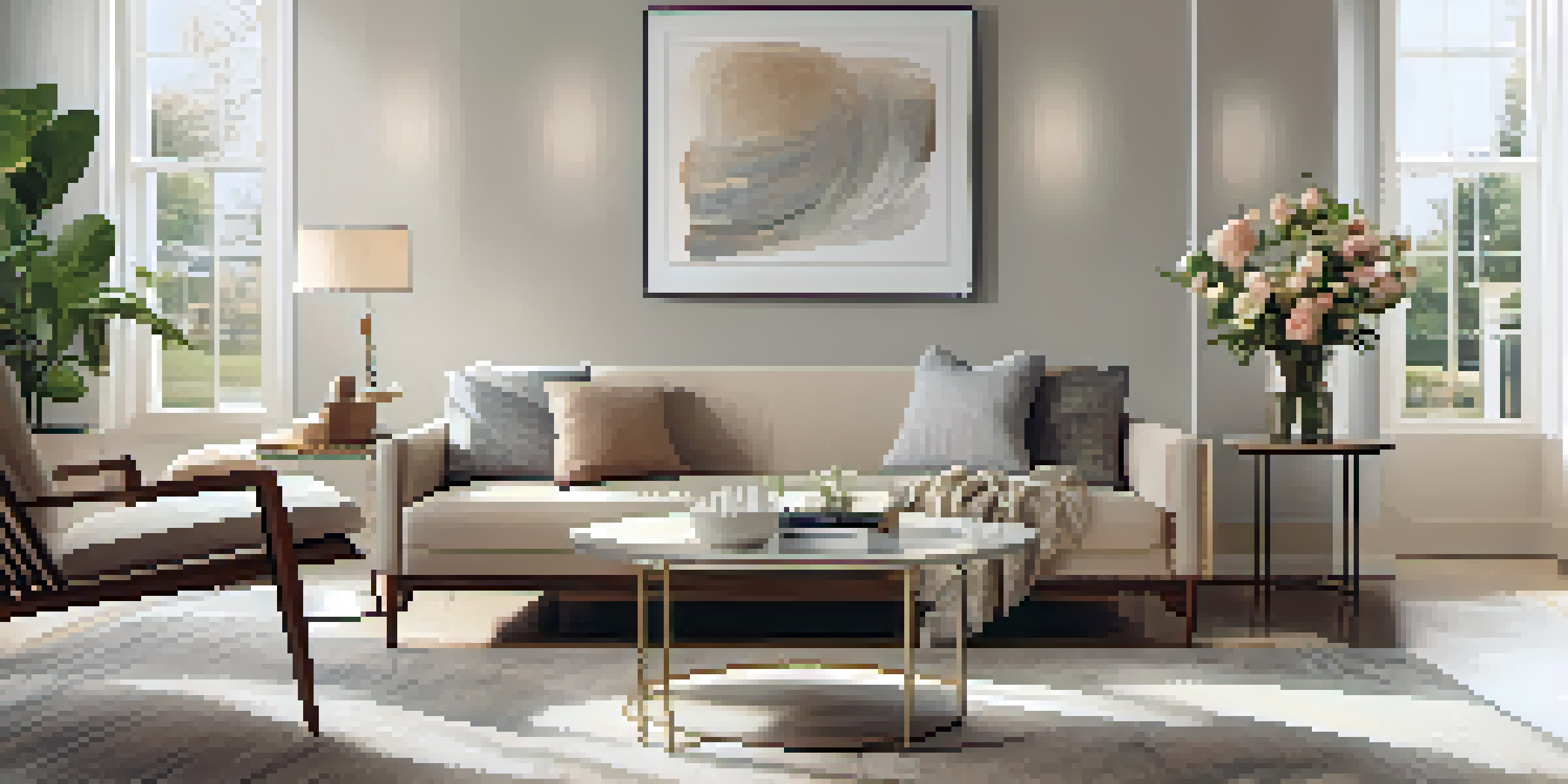 A modern living room with neutral decor, a cozy sofa, a coffee table, and fresh flowers, illuminated by soft natural light from large windows.