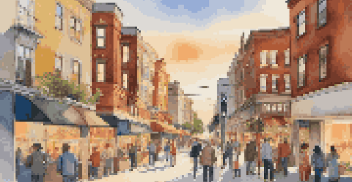 A busy urban neighborhood with modern and traditional buildings, people looking at homes for sale, and colorful property signs, illuminated by a warm sunset.