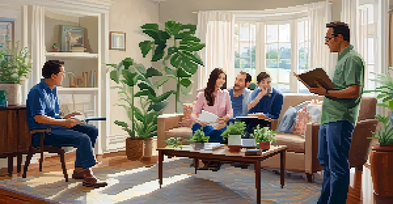 A family in a living room listening to a home inspector discussing findings, with a bright and welcoming room decor.
