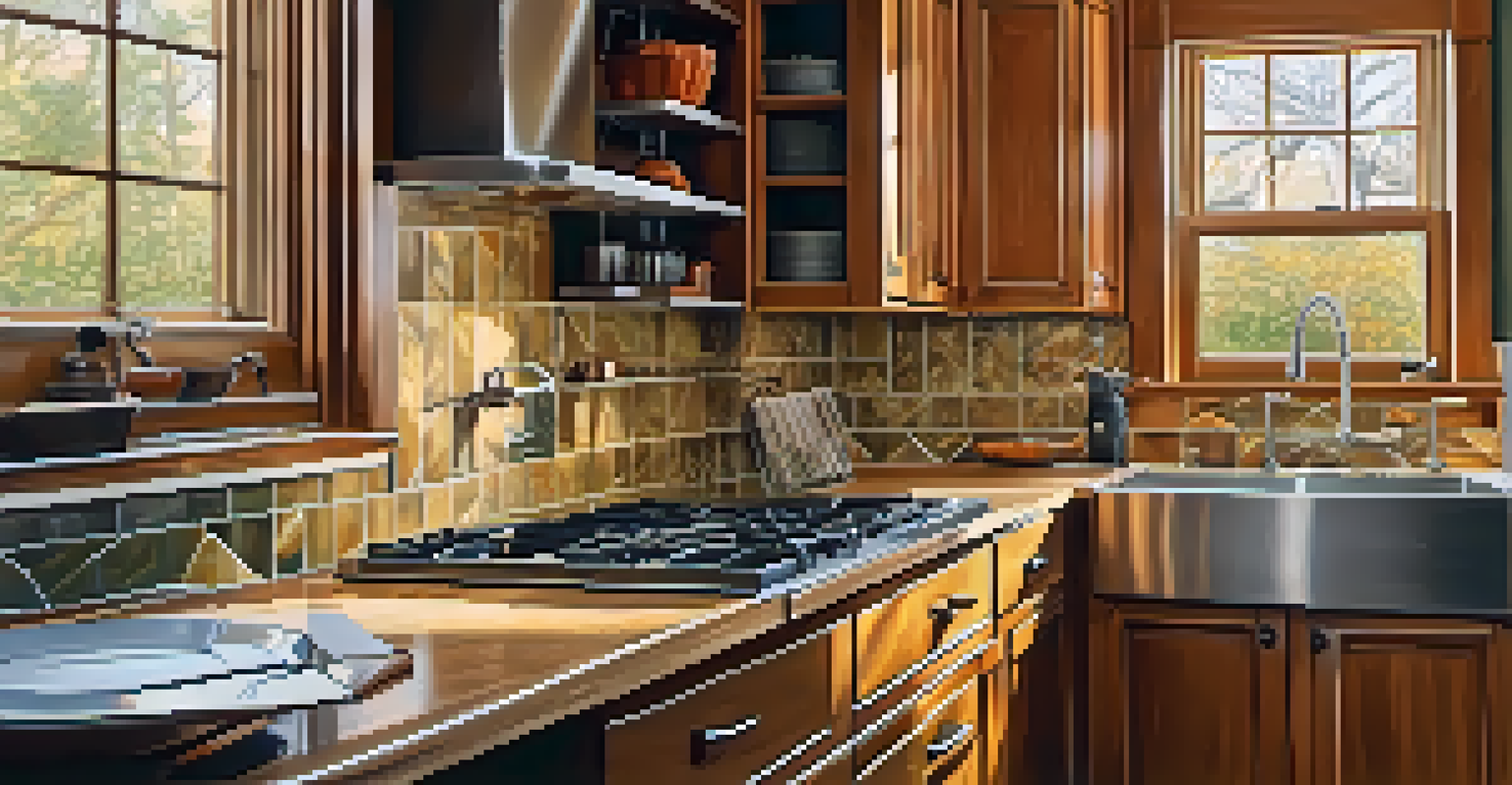 A contractor working on a kitchen renovation, showcasing various textures of wood and tiles with tools around, illuminated by warm lighting.