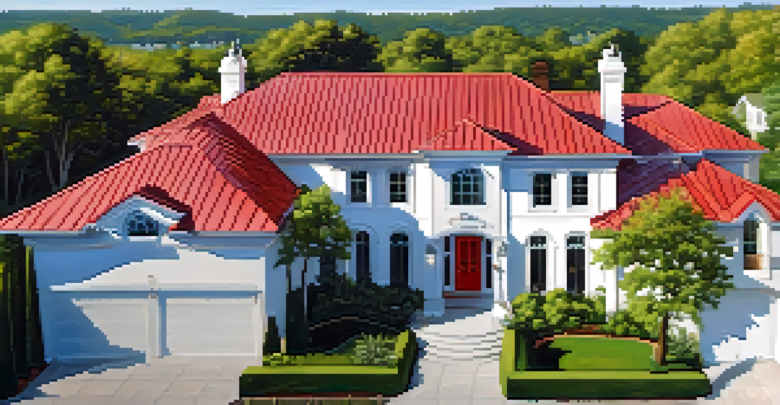 An aerial view of a property inspection using a drone above a large house with a red roof and green trees.