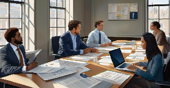 A diverse group of professionals discussing tax appeals in a bright office setting.