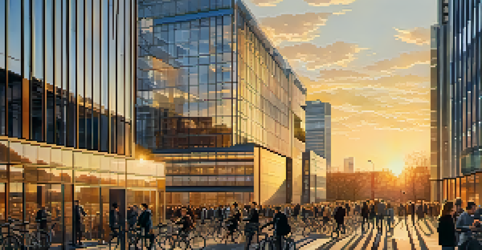 An office complex in Berlin at sunset, with commuting people and a skyline illuminated by warm golden light.