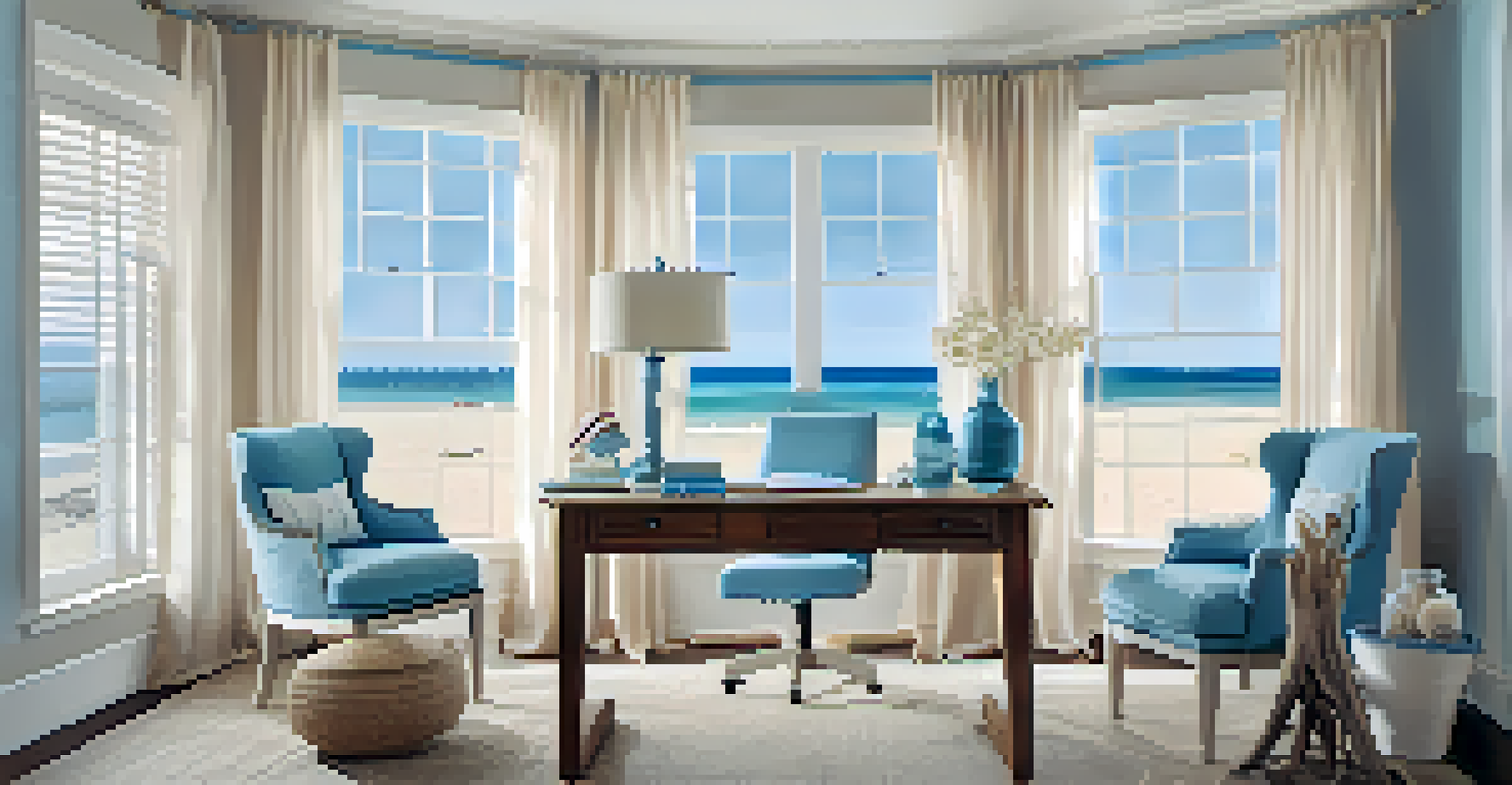 A serene summer workspace decorated with beach-themed elements and soft colors, with a view of a clear sky.