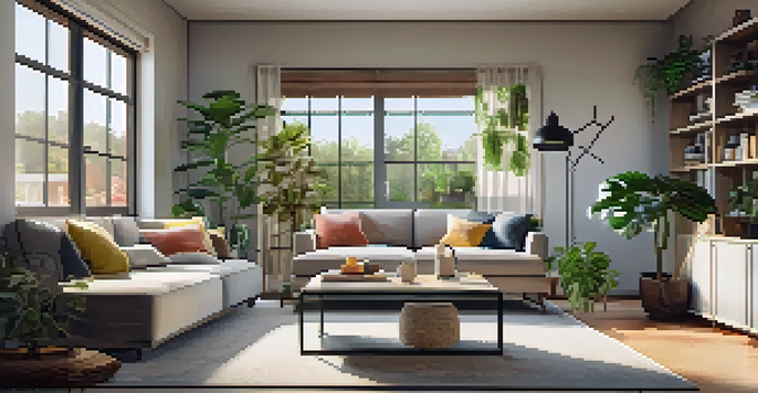 A cozy living room with a large screen displaying a virtual property tour, featuring modern furnishings and soft lighting.