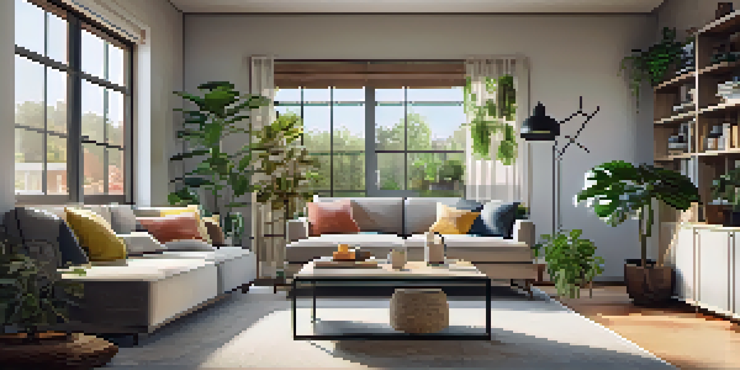 A cozy living room with a large screen displaying a virtual property tour, featuring modern furnishings and soft lighting.