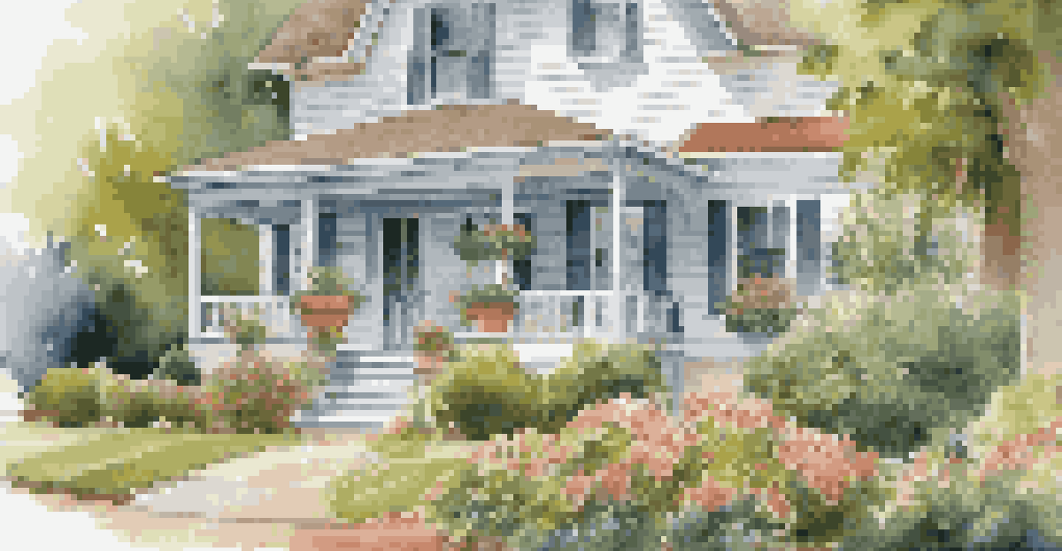 A charming house with fresh paint and a landscaped garden, featuring a decorated front porch with plants and seating.
