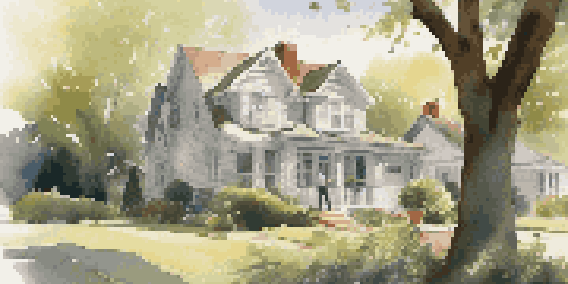A home inspector checking a roof with a notepad, surrounded by trees and a suburban house.