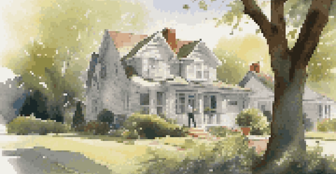 A home inspector checking a roof with a notepad, surrounded by trees and a suburban house.