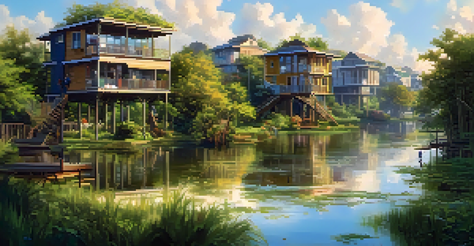 A lively city scene with elevated homes and green spaces designed for disaster resilience, illuminated by bright sunlight.