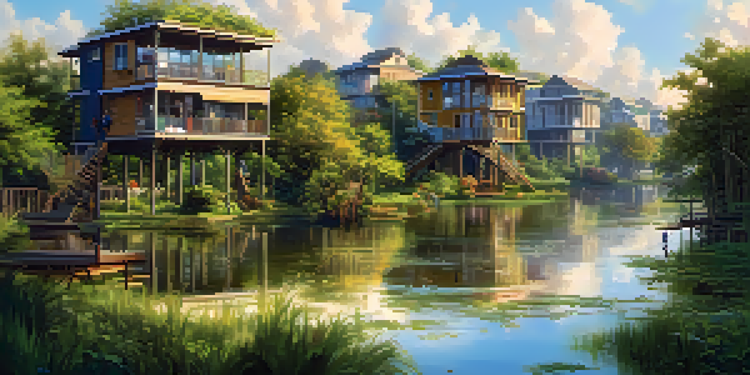 A lively city scene with elevated homes and green spaces designed for disaster resilience, illuminated by bright sunlight.
