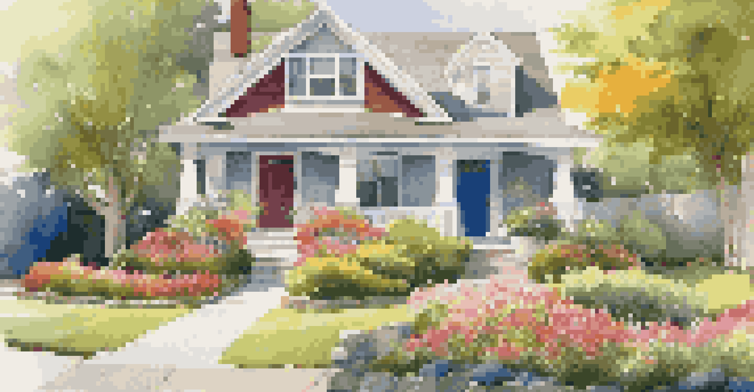 A charming front yard with a bold-colored front door, manicured lawn, and flower beds, illuminated by evening light.