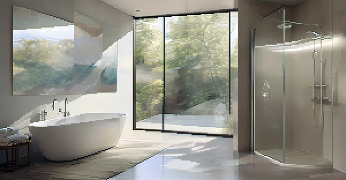 A modern bathroom featuring a low-flow showerhead, illuminated by soft natural light from frosted glass windows, showcasing minimalist decor.