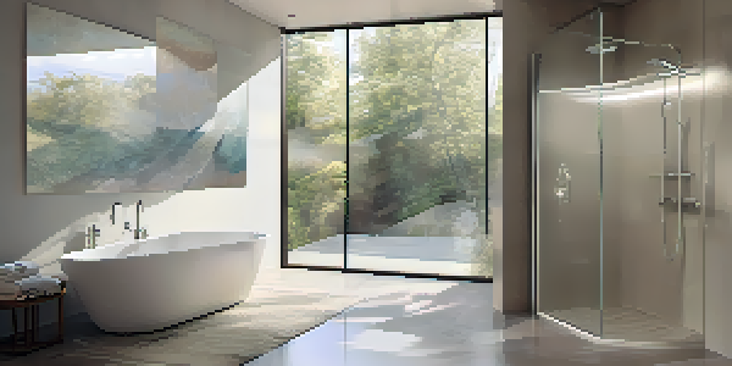 A modern bathroom featuring a low-flow showerhead, illuminated by soft natural light from frosted glass windows, showcasing minimalist decor.