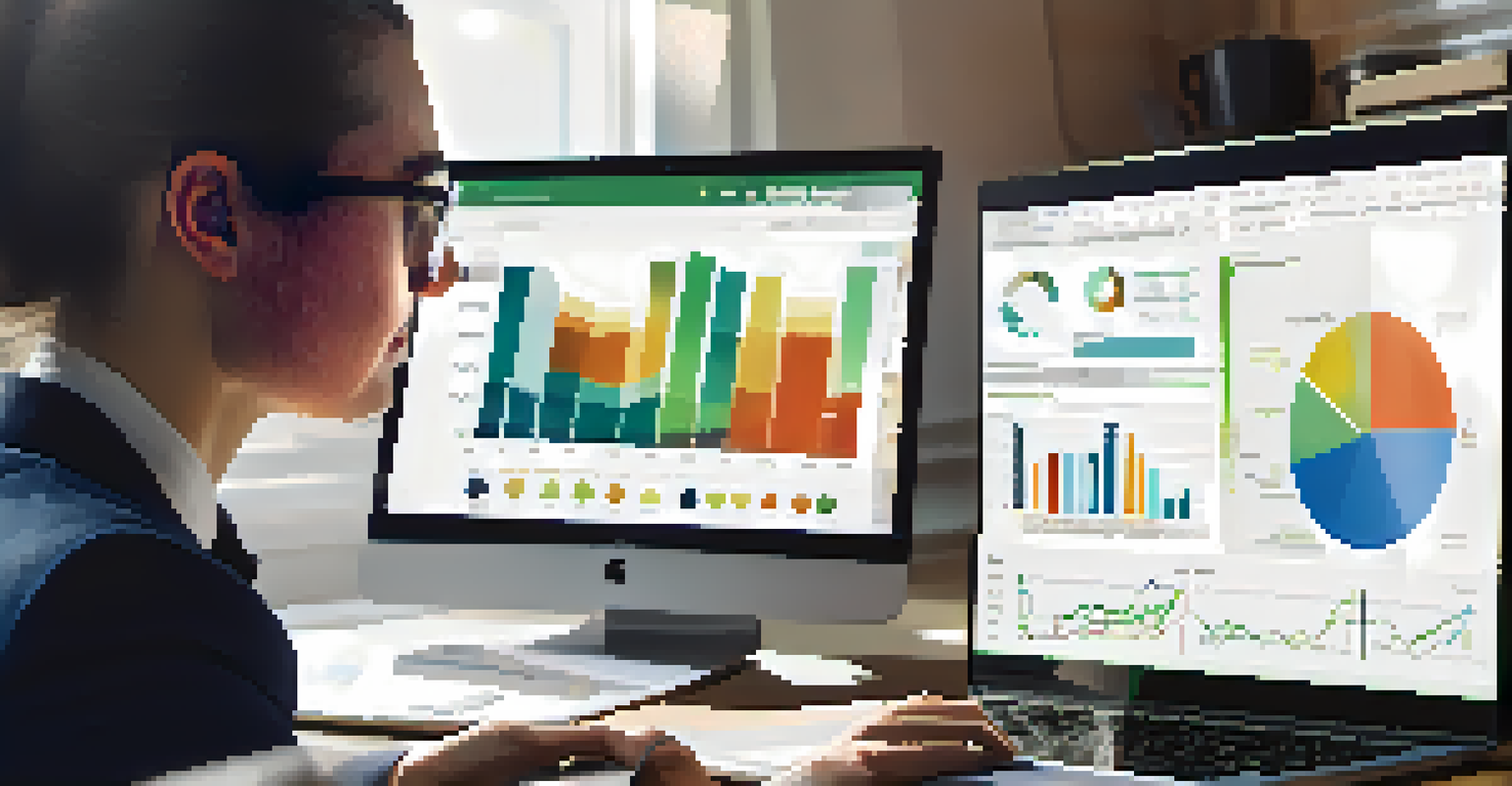 A close-up view of a real estate agent studying market data on a laptop in a modern workspace, highlighting charts and graphs.