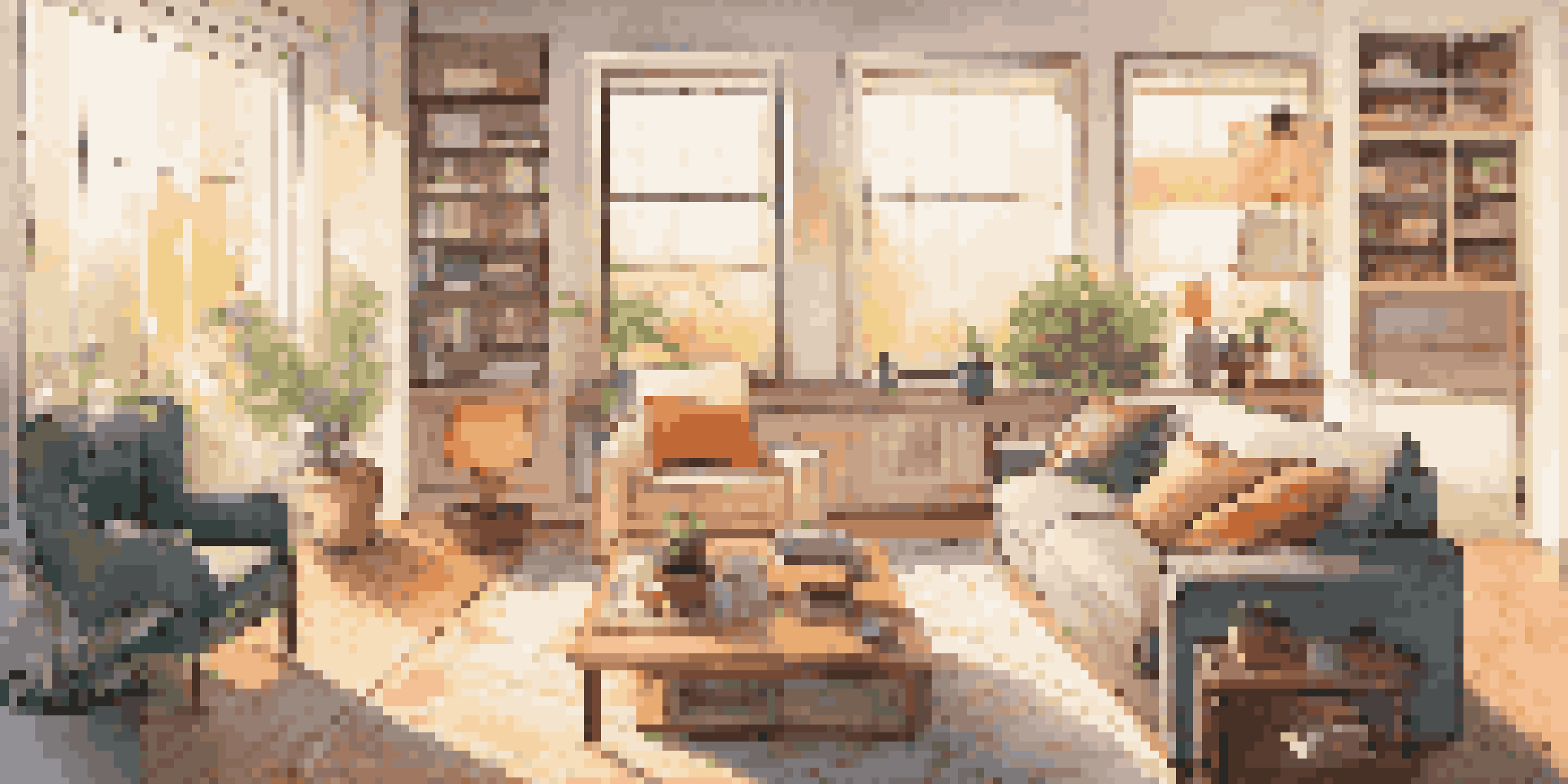 A cozy living room showcasing smart home devices like a thermostat, speaker, and light bulbs, with natural light illuminating the space.