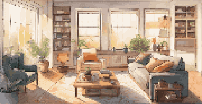 A cozy living room showcasing smart home devices like a thermostat, speaker, and light bulbs, with natural light illuminating the space.