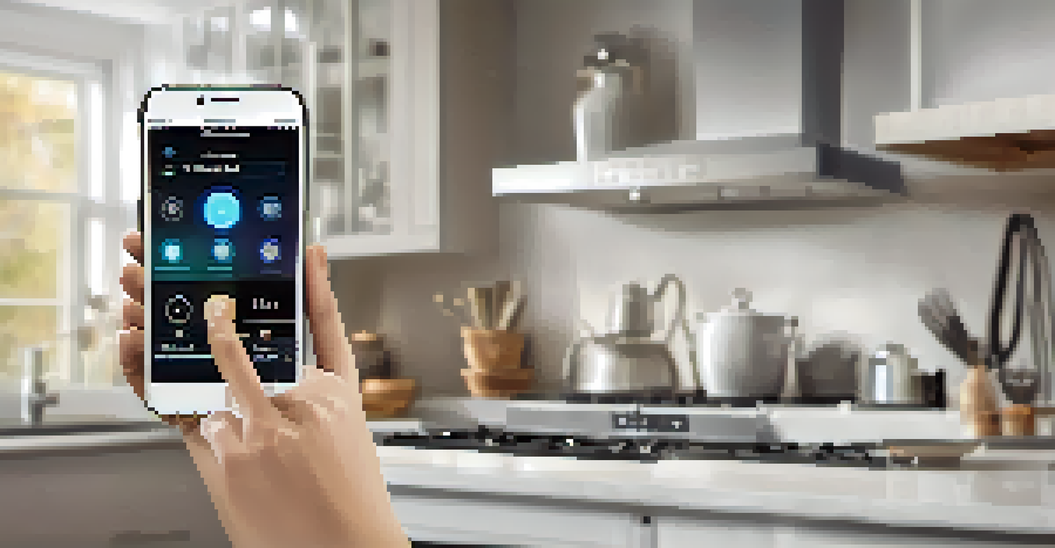 A hand holding a smartphone displaying a smart home control app, with a modern kitchen in the background.