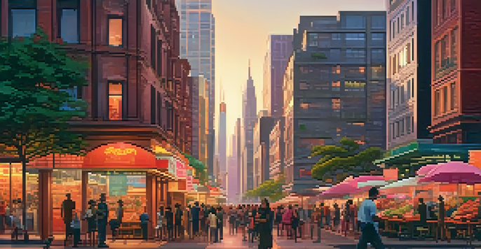 A vibrant urban street filled with diverse people, modern skyscrapers, traditional buildings, and colorful neon signs during a sunset.