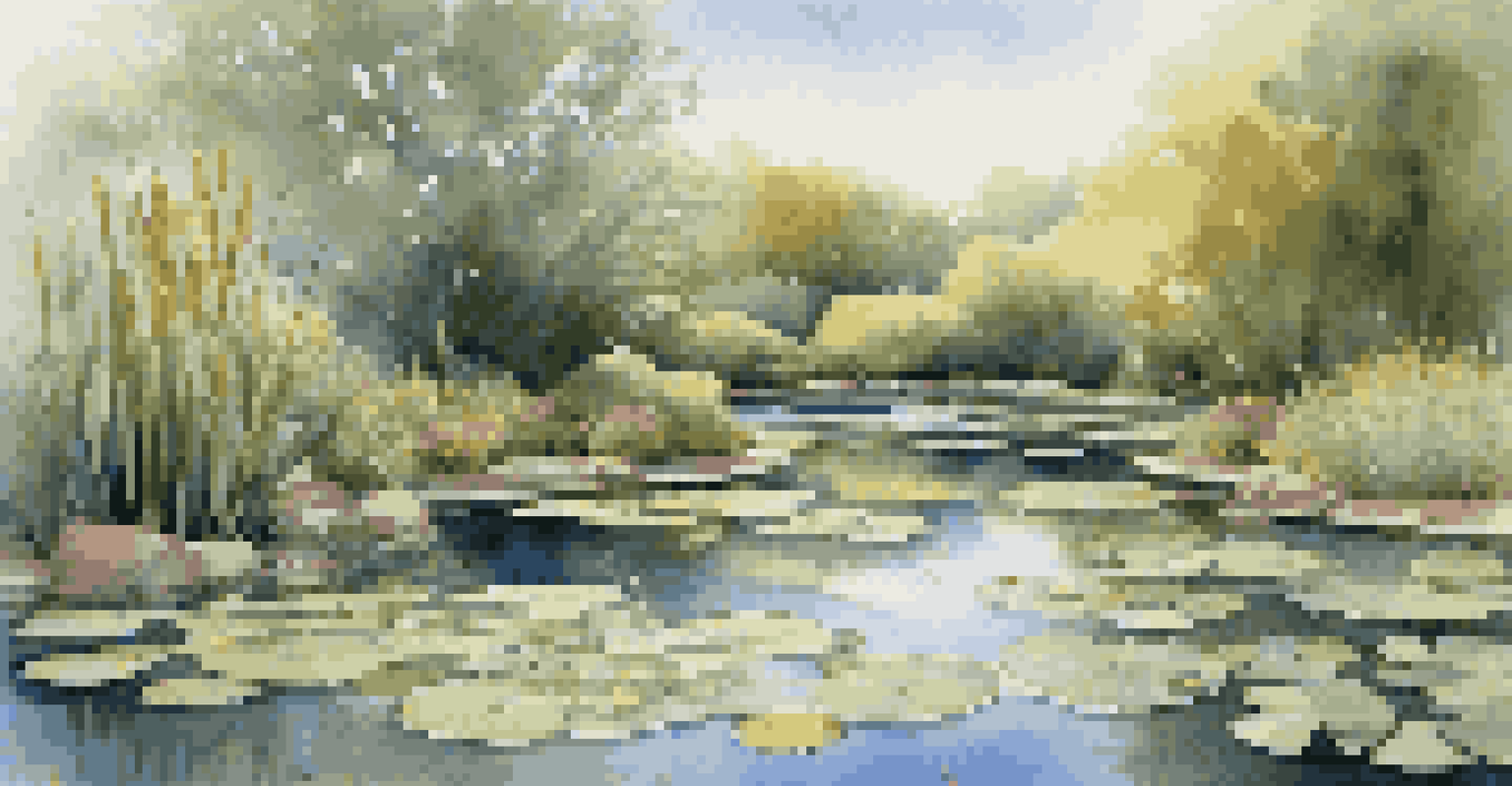A peaceful pond in a garden with water lilies and birds, reflecting the clear sky.