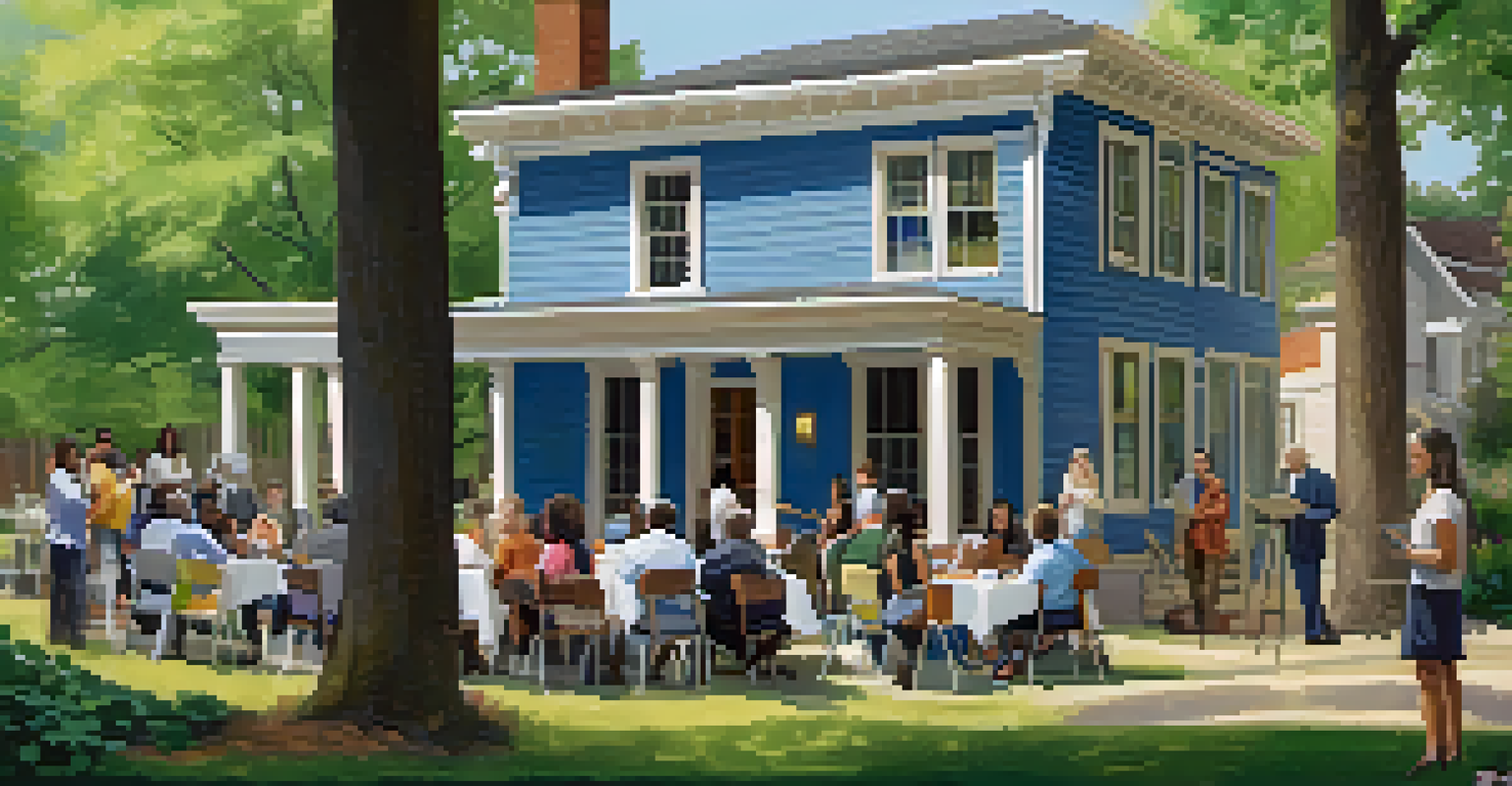 A community workshop in a historic home's backyard, with diverse participants discussing accessibility renovations over blueprints.