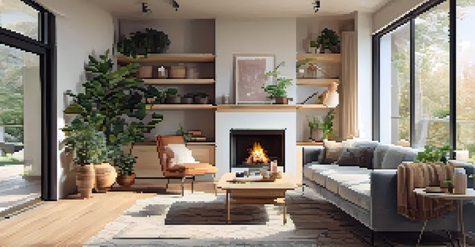 A warm and inviting living room with a fireplace, large window, and modern decor.