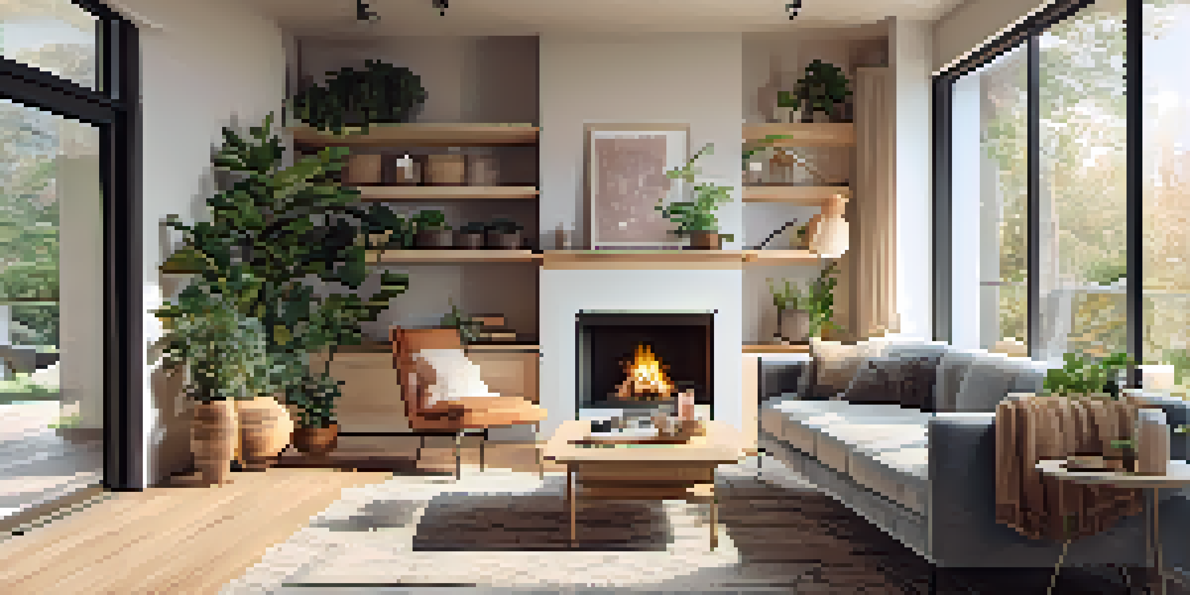 A warm and inviting living room with a fireplace, large window, and modern decor.