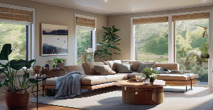 A bright and cozy living room with energy-efficient features, including LED lighting and double-pane windows, decorated with earth-toned furniture and plants.