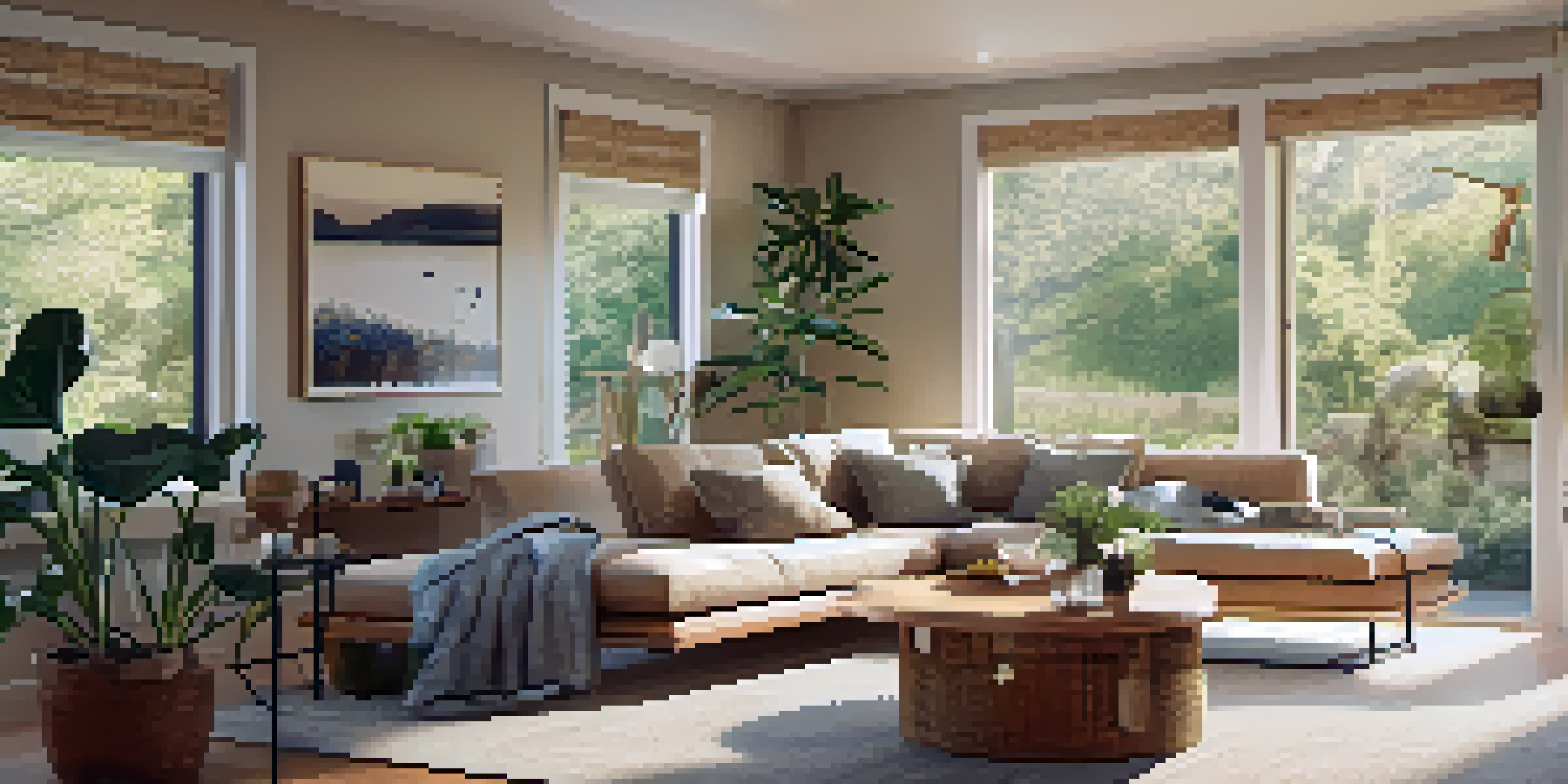 A bright and cozy living room with energy-efficient features, including LED lighting and double-pane windows, decorated with earth-toned furniture and plants.