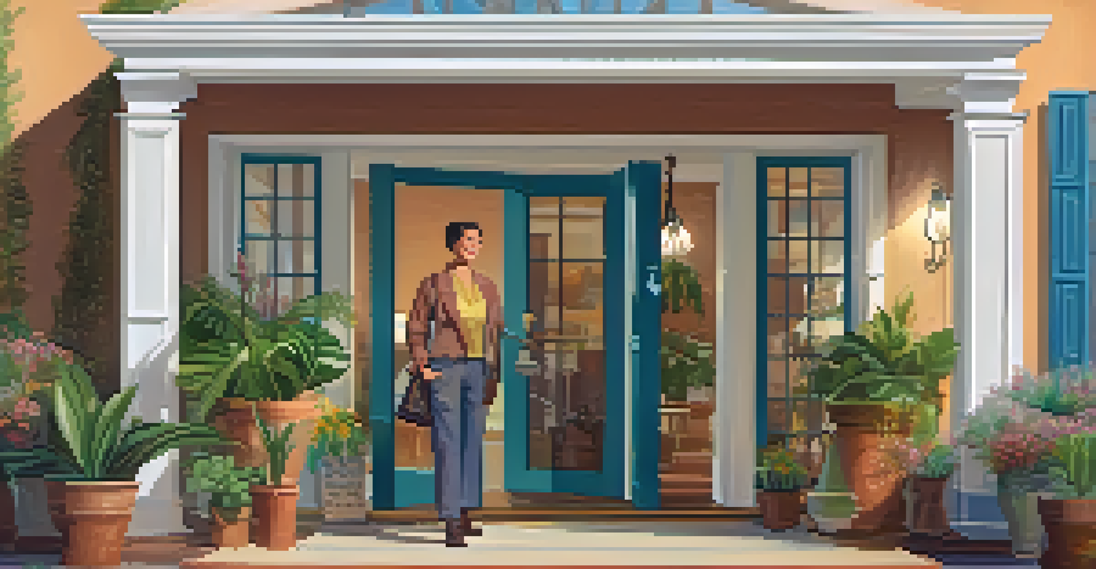 A friendly host welcoming visitors at an open house entrance decorated with plants and a welcome sign.