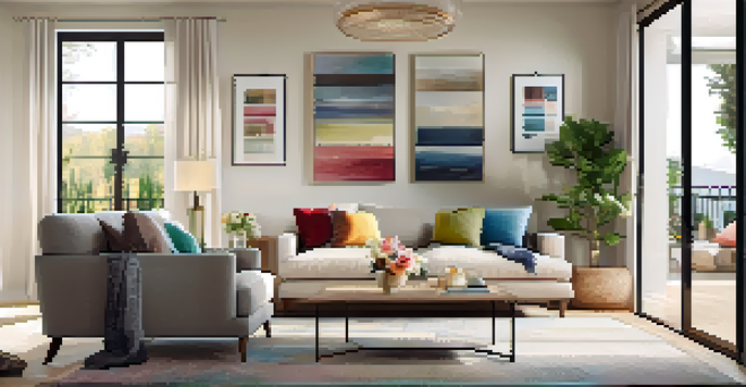 A beautifully staged living room with neutral walls, colorful cushions, and natural light, designed to appeal to potential buyers.