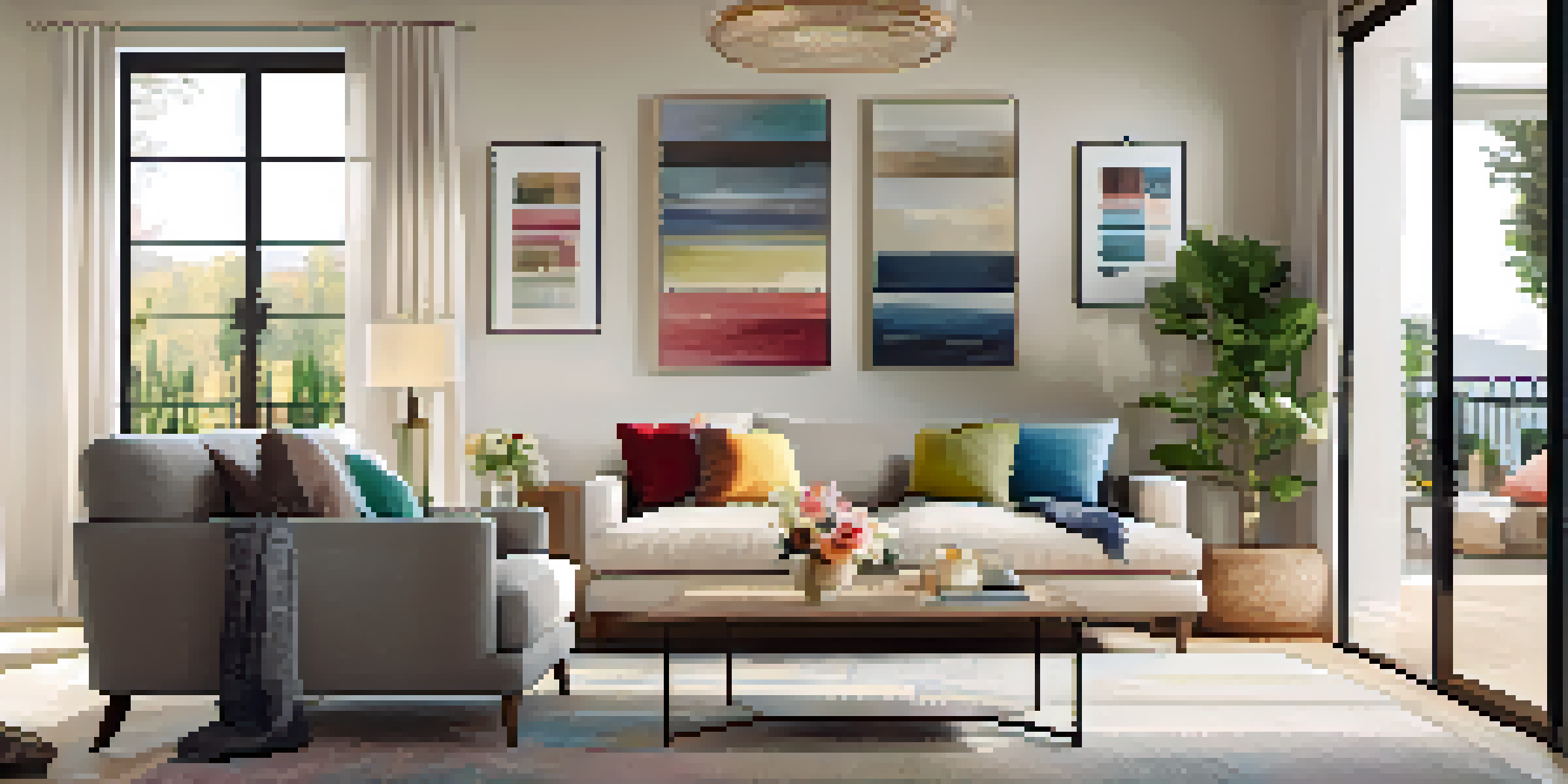 A beautifully staged living room with neutral walls, colorful cushions, and natural light, designed to appeal to potential buyers.