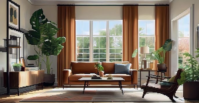 A modern living room with a warm color scheme, including a sofa, coffee table, large window, and decorative plants.
