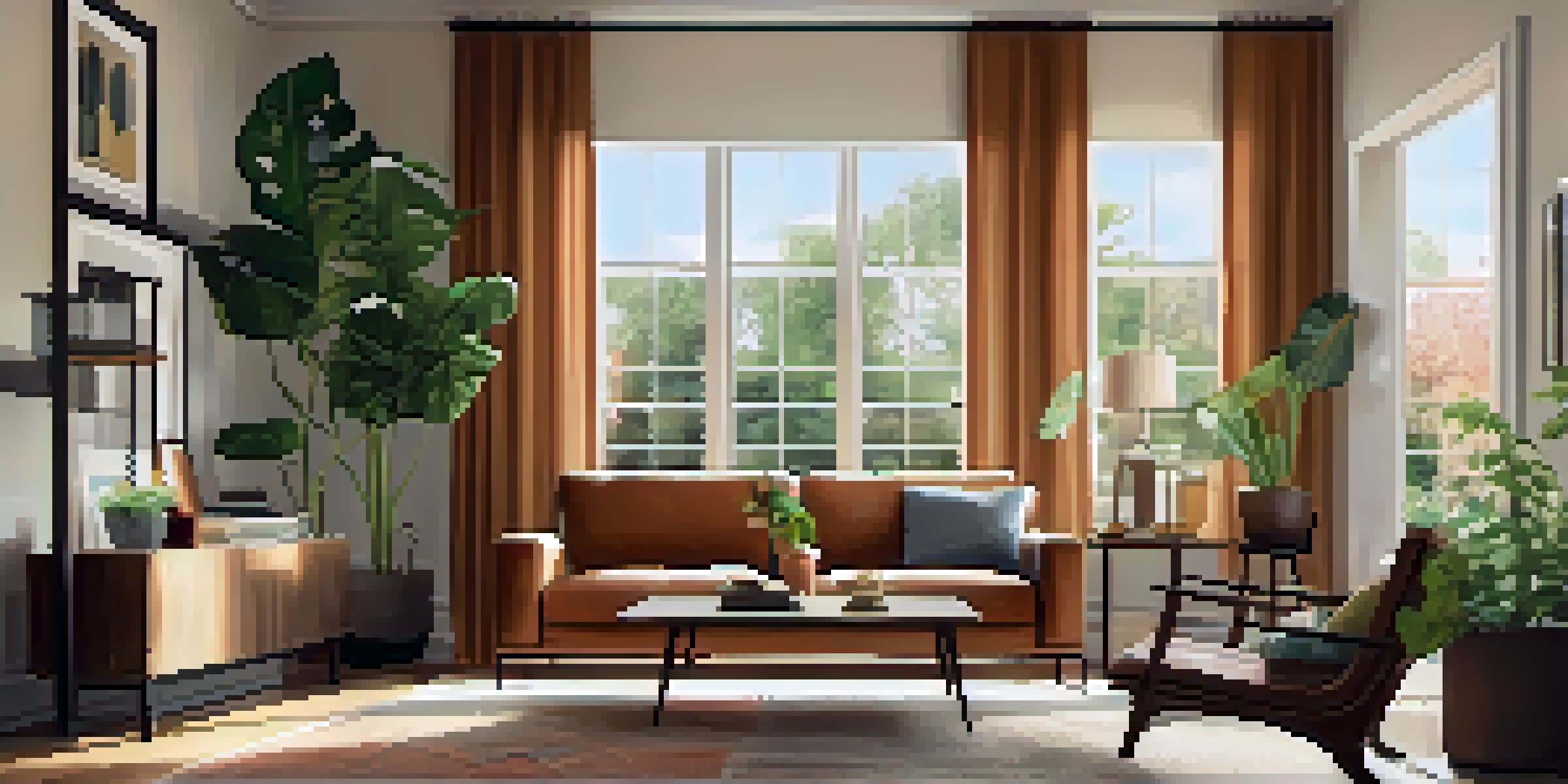 A modern living room with a warm color scheme, including a sofa, coffee table, large window, and decorative plants.
