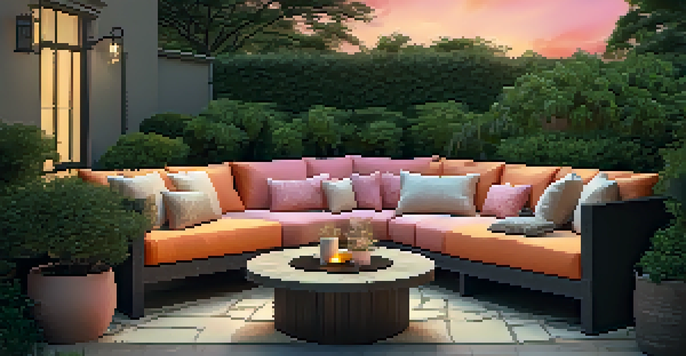 An inviting outdoor seating area surrounded by greenery, with lounge chairs, a coffee table, and string lights glowing in the evening.