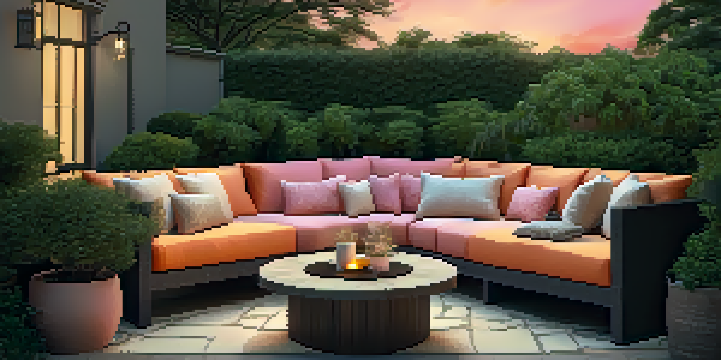 An inviting outdoor seating area surrounded by greenery, with lounge chairs, a coffee table, and string lights glowing in the evening.