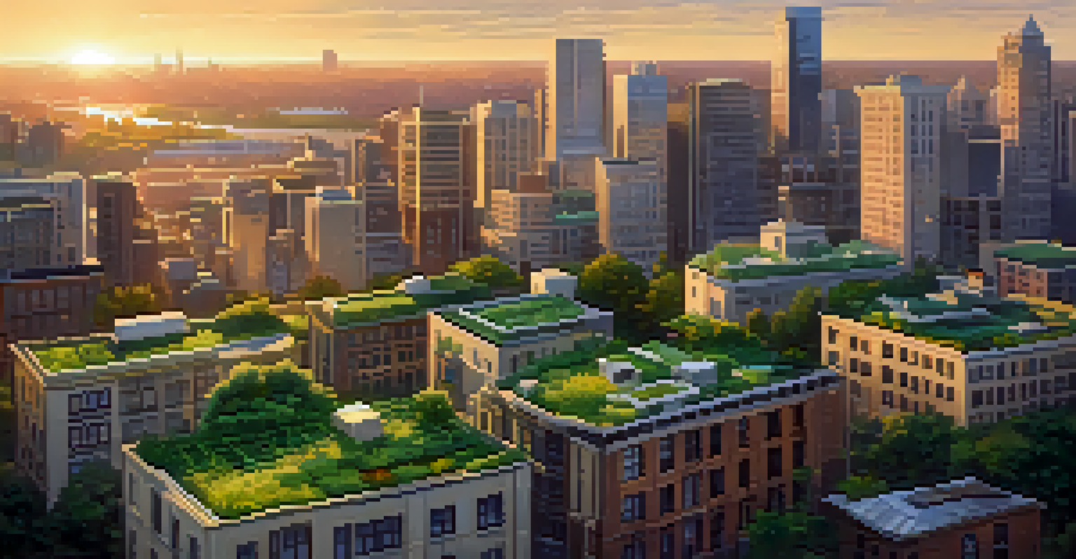 Aerial view of a city skyline with buildings sporting green roofs, surrounded by a sunset glow.
