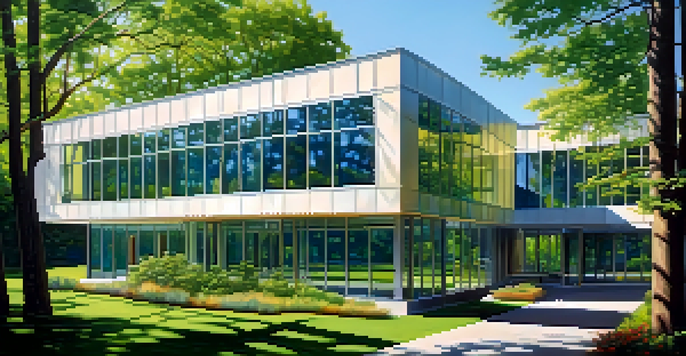A contemporary building with large windows and surrounding trees, illustrating the concept of natural ventilation with sunlight filtering through.