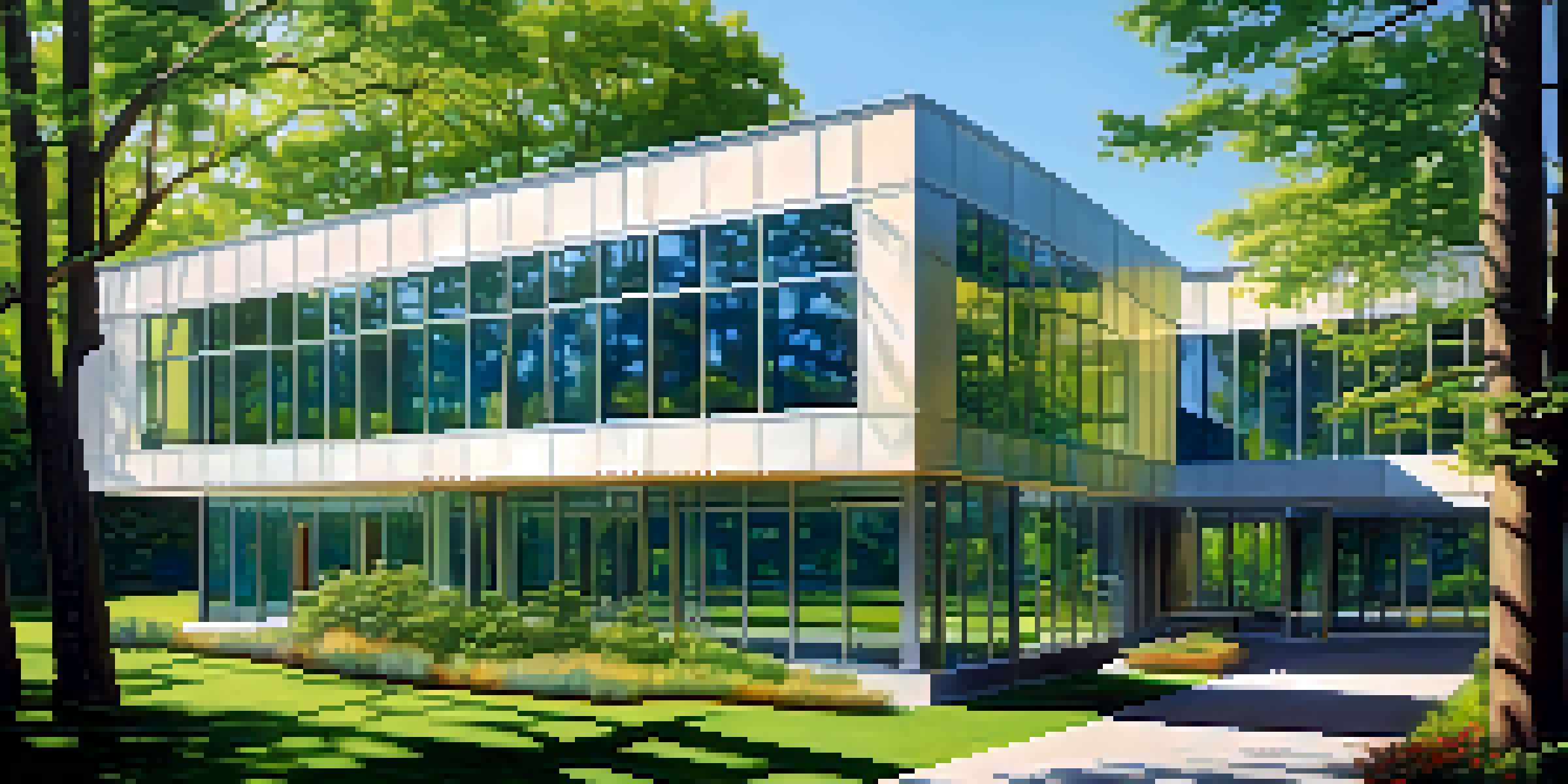 A contemporary building with large windows and surrounding trees, illustrating the concept of natural ventilation with sunlight filtering through.