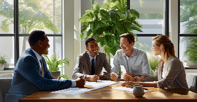 A group of diverse individuals in a bright office smiling and shaking hands over a table filled with documents and a small house model.