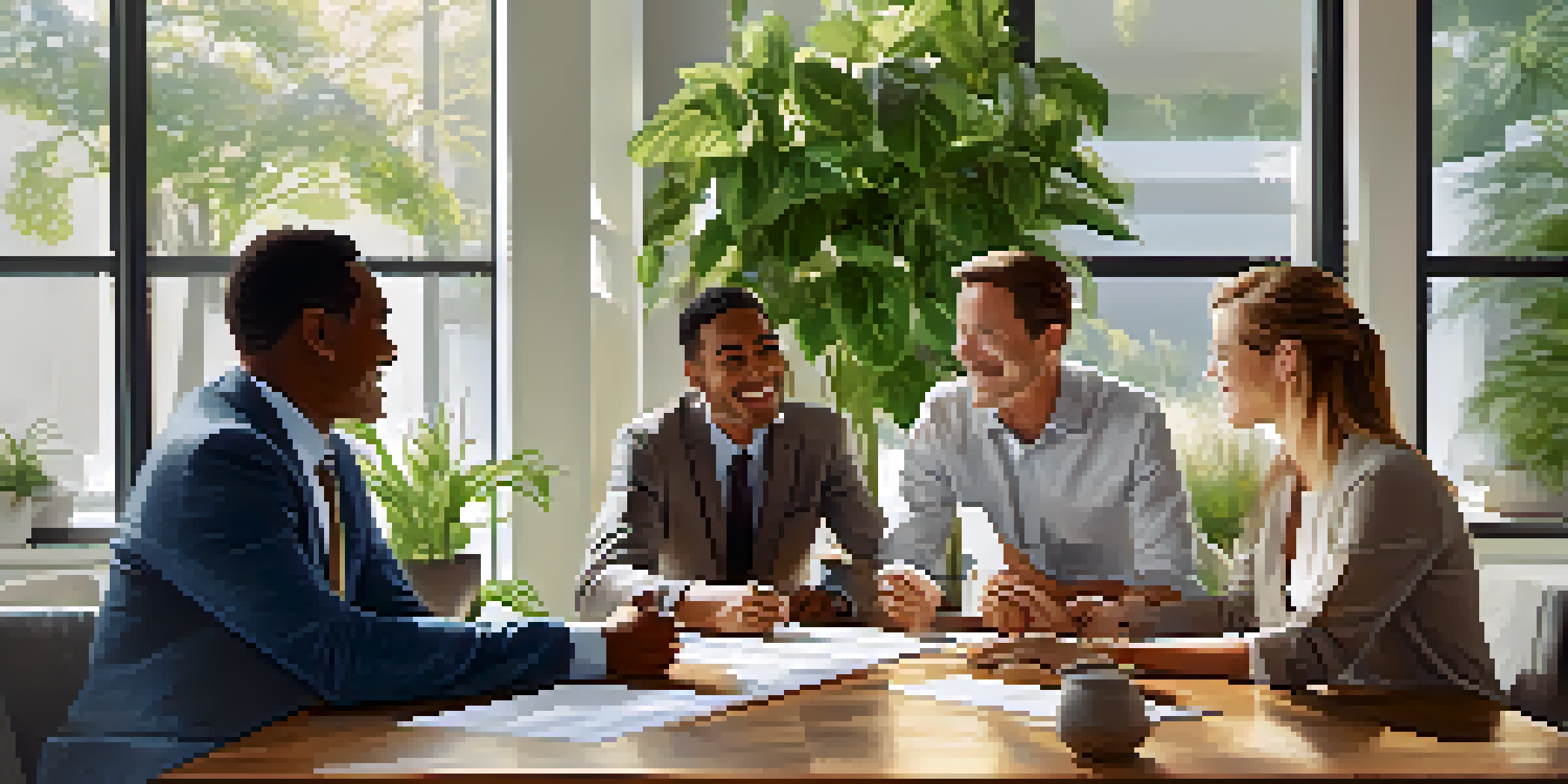 A group of diverse individuals in a bright office smiling and shaking hands over a table filled with documents and a small house model.